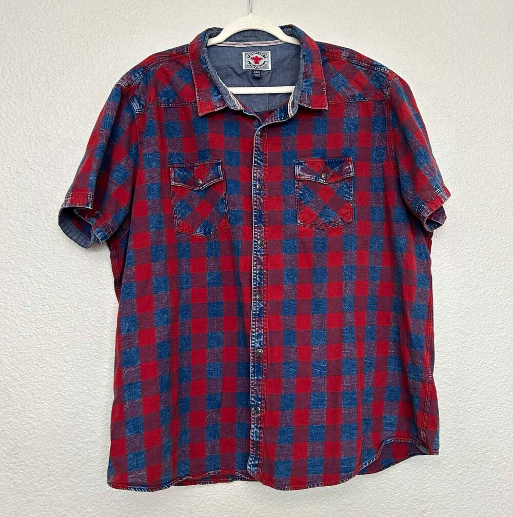 Desert Son Men's XXXL Red Blue Plaid Short Sleeve Button-Up Shirt Pockets
